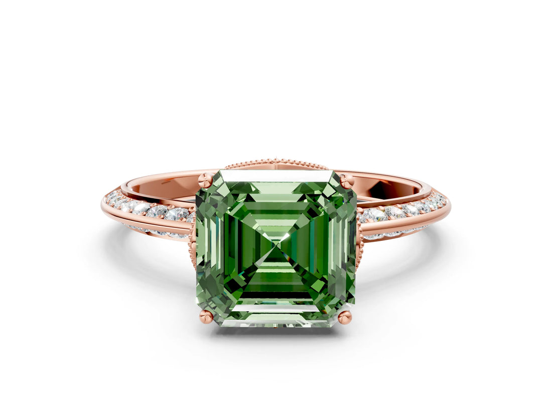 Rose gold Fancy Green Asscher Cut Solitaire Split Shank Pave Diamond Engagement Ring with Four-Prong Setting