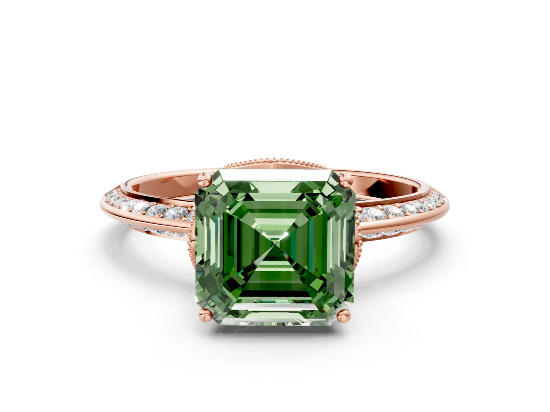 Rose gold Fancy Green Asscher Cut Solitaire Split Shank Pave Diamond Engagement Ring with Four-Prong Setting_24