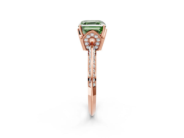 Rose Gold Asscher Cut Graduated Pave Engagement Ring Setting for Fancy Green Center