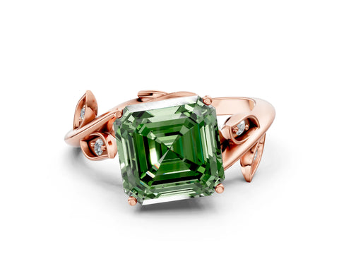 Rose gold Fancy Green Asscher Cut Solitaire Twist Engagement Ring with Leaf Accents and Prong Setting_12