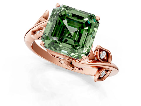 Rose gold Fancy Green Asscher Cut Solitaire Twist Engagement Ring with Leaf Accents and Prong Setting_13