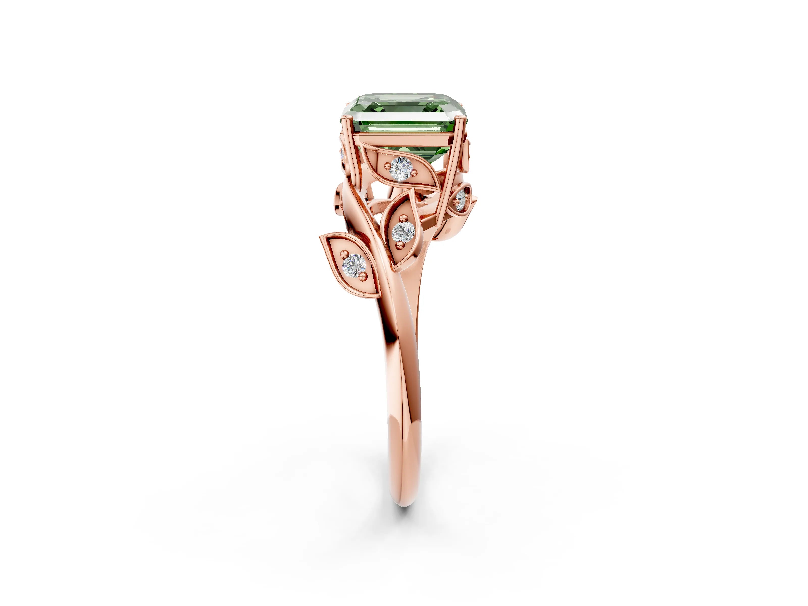 Rose gold Fancy Green Asscher Cut Solitaire Twist Engagement Ring with Leaf Accents and Prong Setting_14