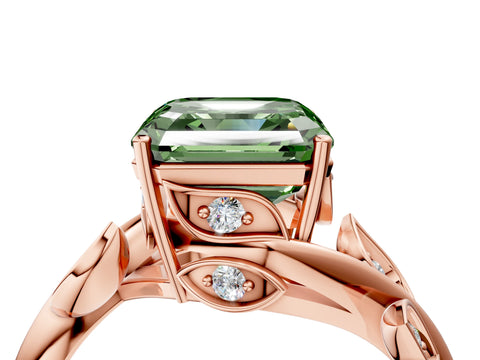 Rose gold Fancy Green Asscher Cut Solitaire Twist Engagement Ring with Leaf Accents and Prong Setting_16