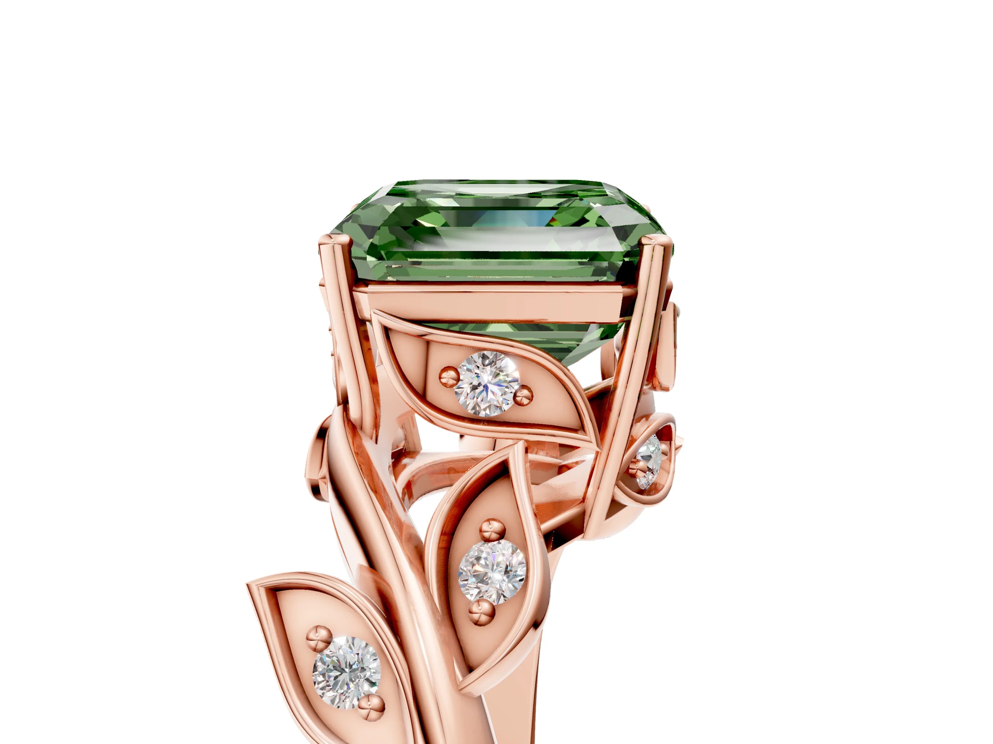 Rose gold Fancy Green Asscher Cut Solitaire Twist Engagement Ring with Leaf Accents and Prong Setting_17