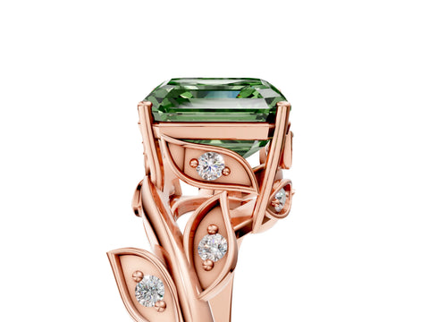 Rose gold Fancy Green Asscher Cut Solitaire Twist Engagement Ring with Leaf Accents and Prong Setting_17