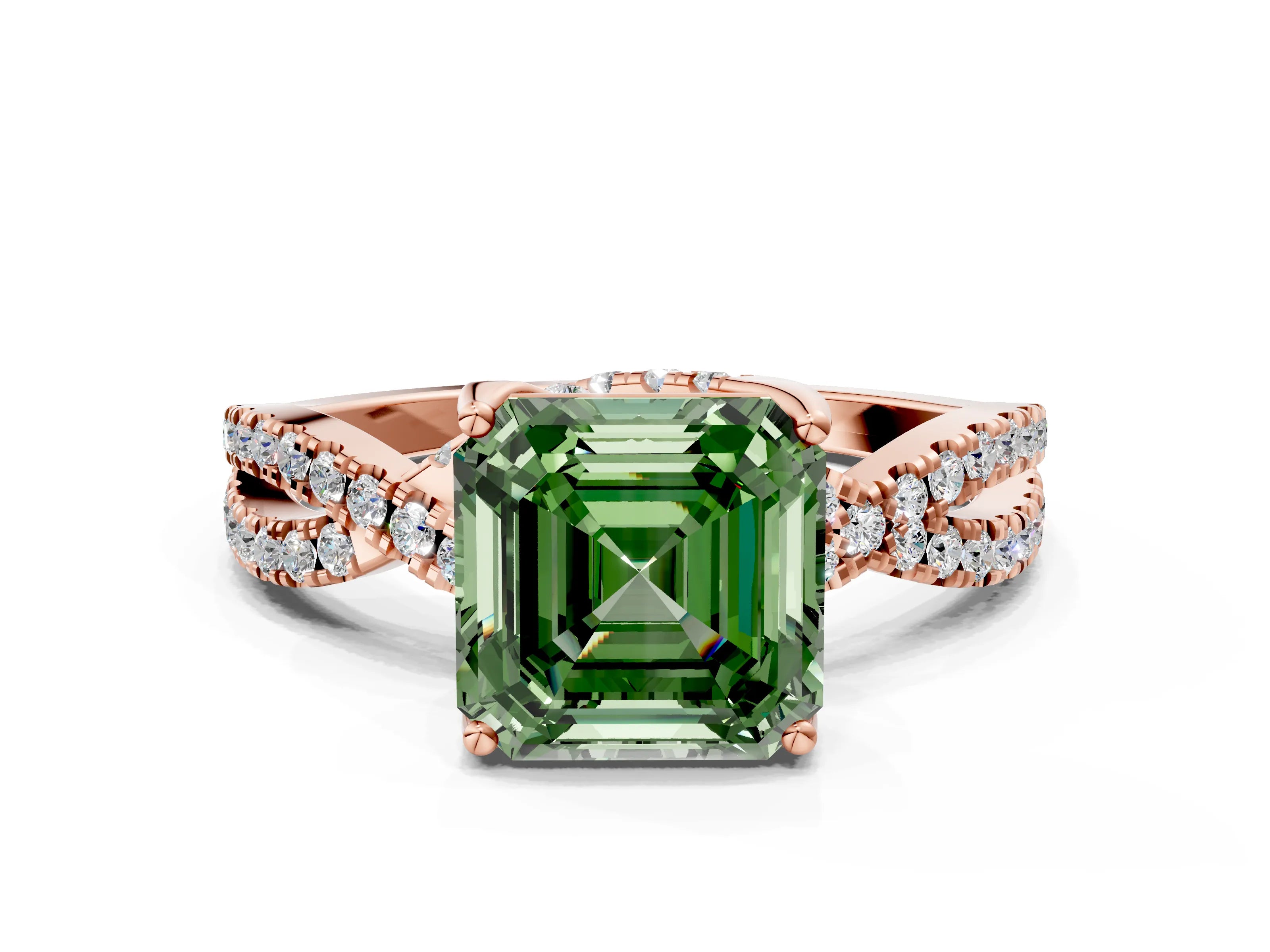 Rose gold Fancy Green Asscher Cut Solitaire Twist Pave Diamond Engagement Ring with Prong Setting