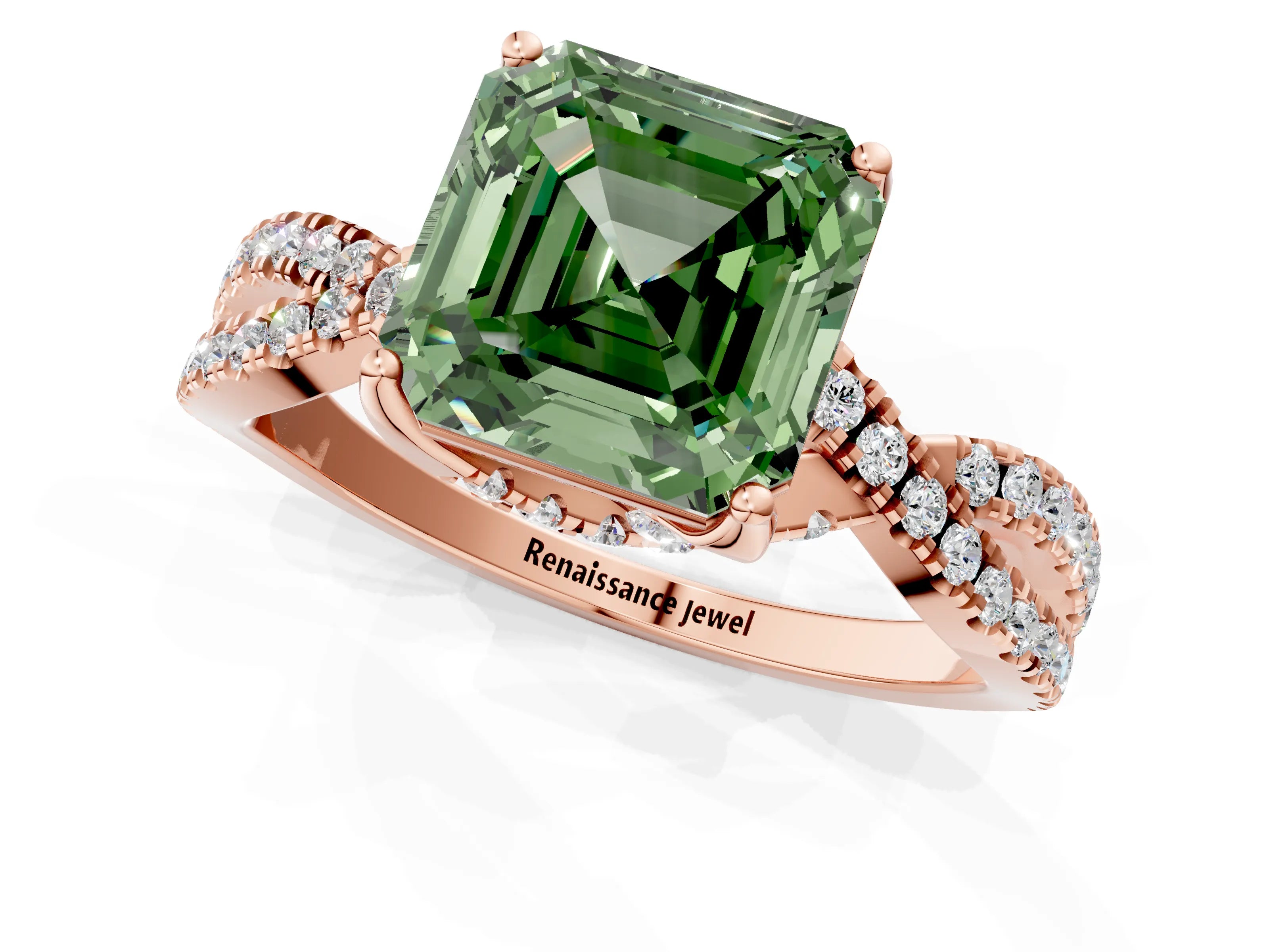 Rose gold Fancy Green Asscher Cut Solitaire Twist Pave Diamond Engagement Ring with Prong Setting_1