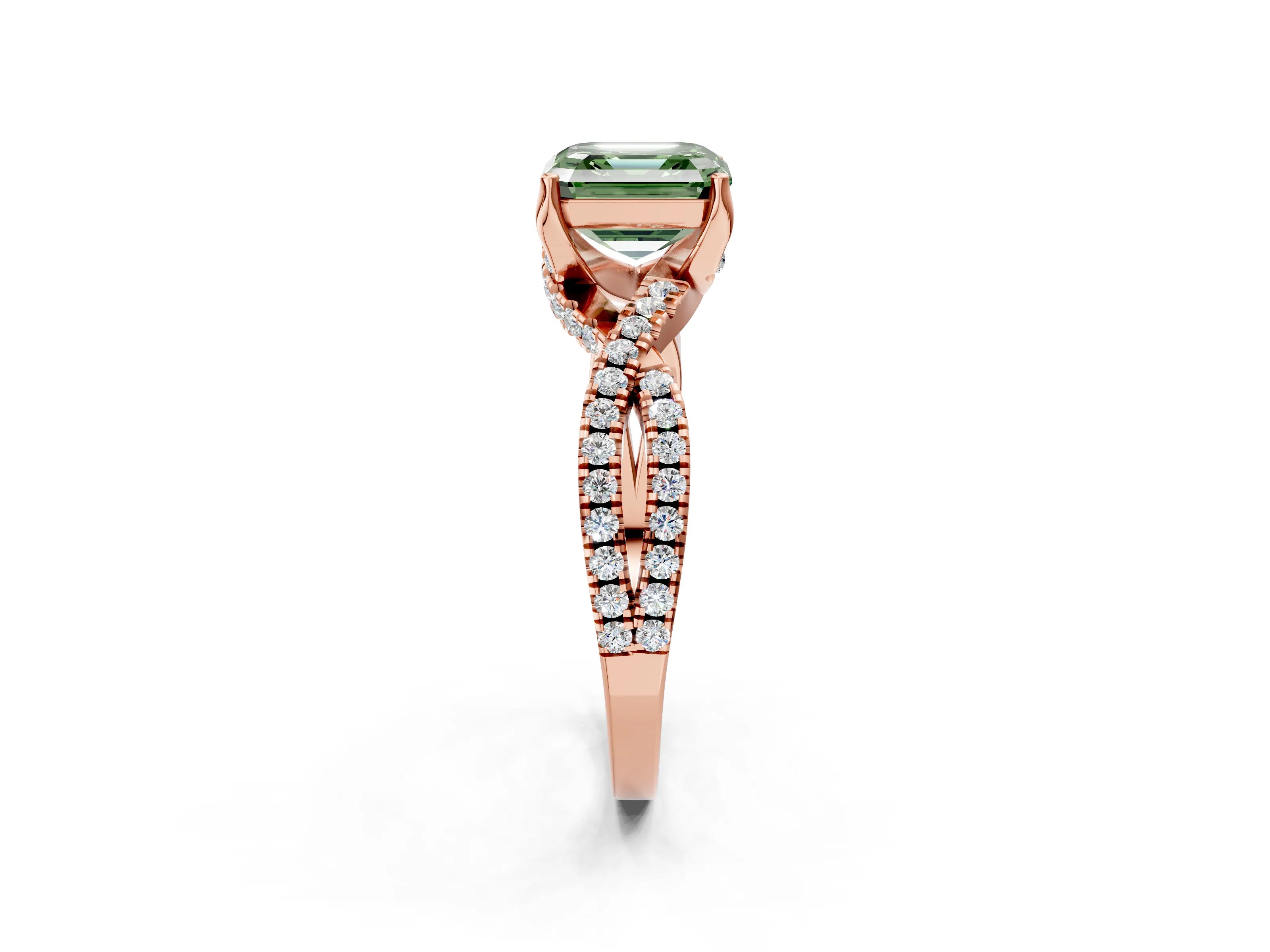 Rose gold Fancy Green Asscher Cut Solitaire Twist Pave Diamond Engagement Ring with Prong Setting_2