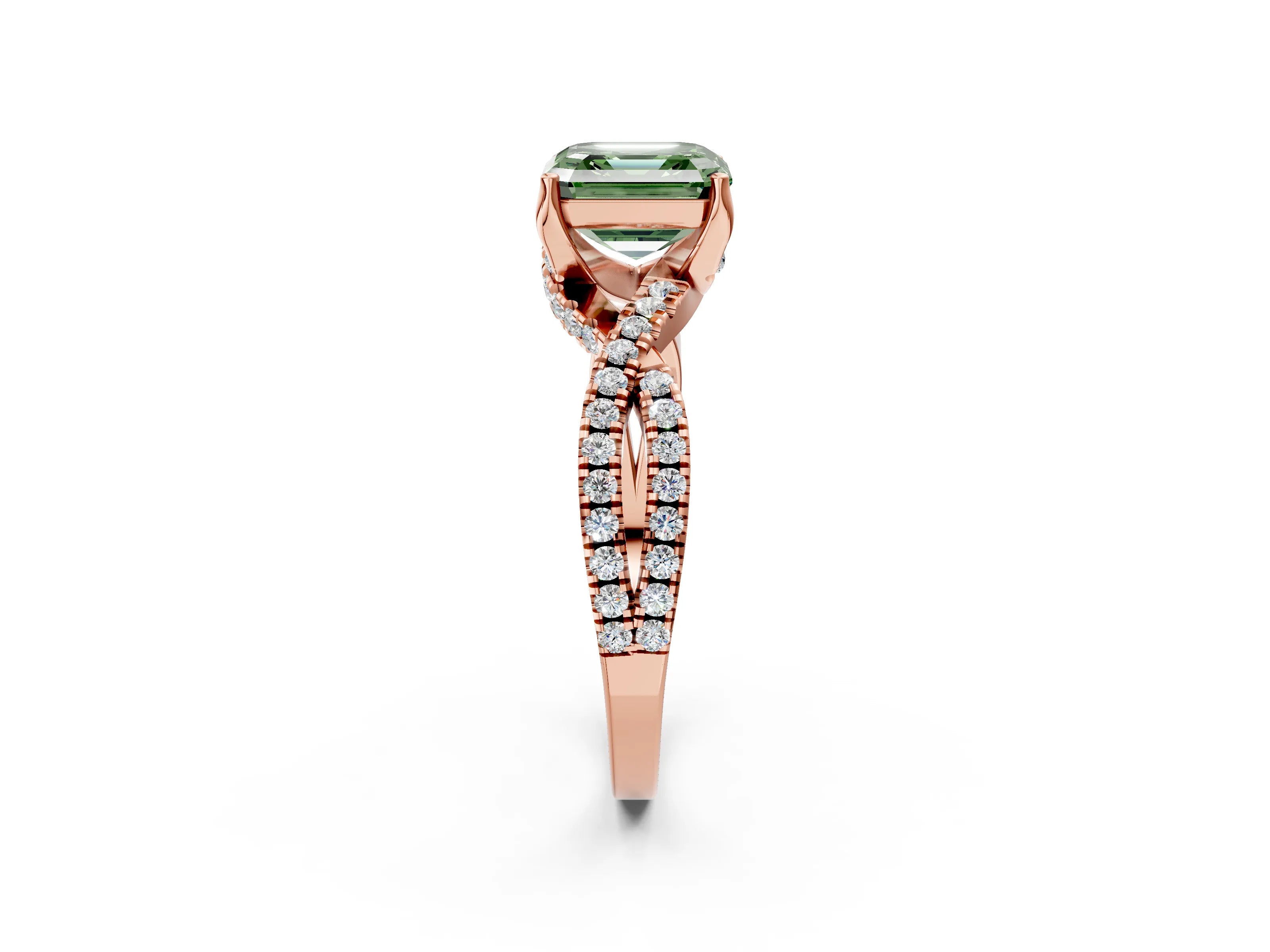 Rose gold Fancy Green Asscher Cut Solitaire Twist Pave Diamond Engagement Ring with Prong Setting_26
