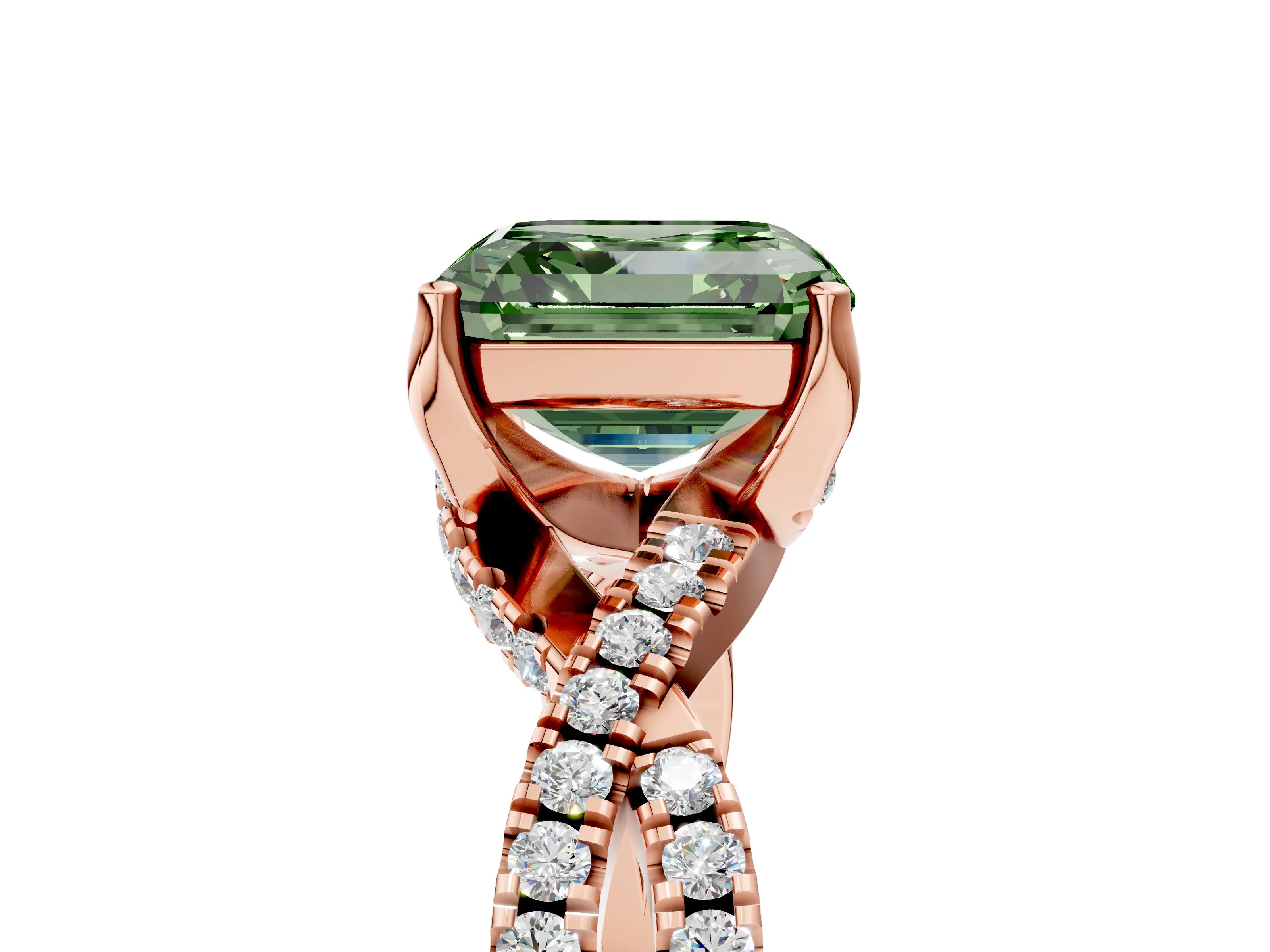 Rose gold Fancy Green Asscher Cut Solitaire Twist Pave Diamond Engagement Ring with Prong Setting_5