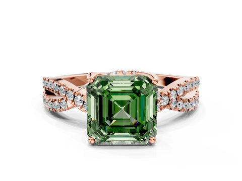 Rose gold Fancy Green Asscher Cut Solitaire Twist Pave Diamond Engagement Ring with Prong Setting