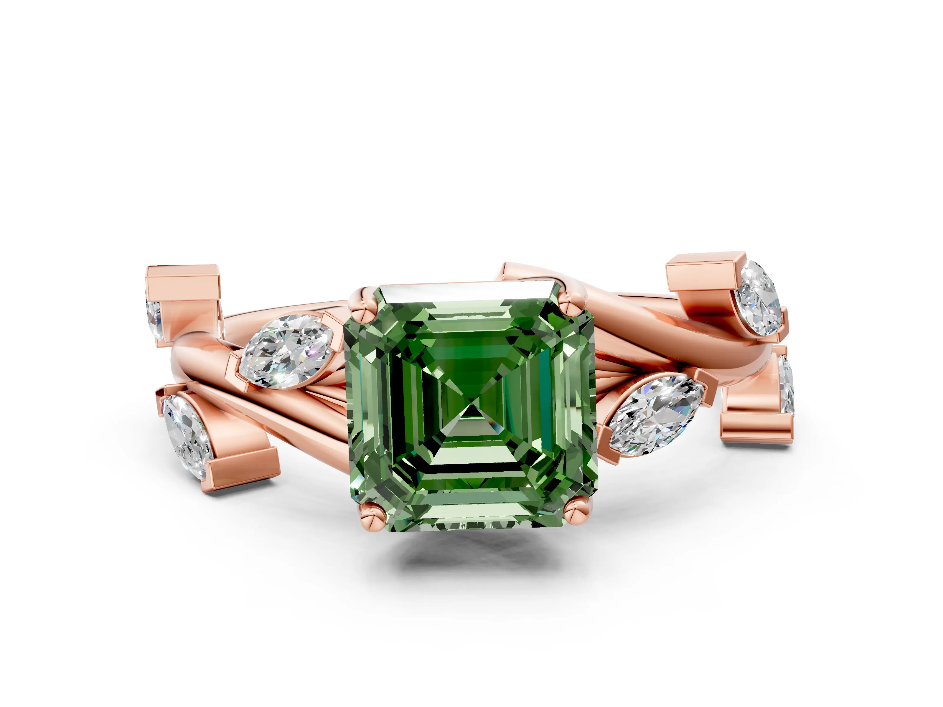 Rose gold Fancy Green Asscher Cut Solitaire Twisted Band Marquise Accent Prong Setting Ring