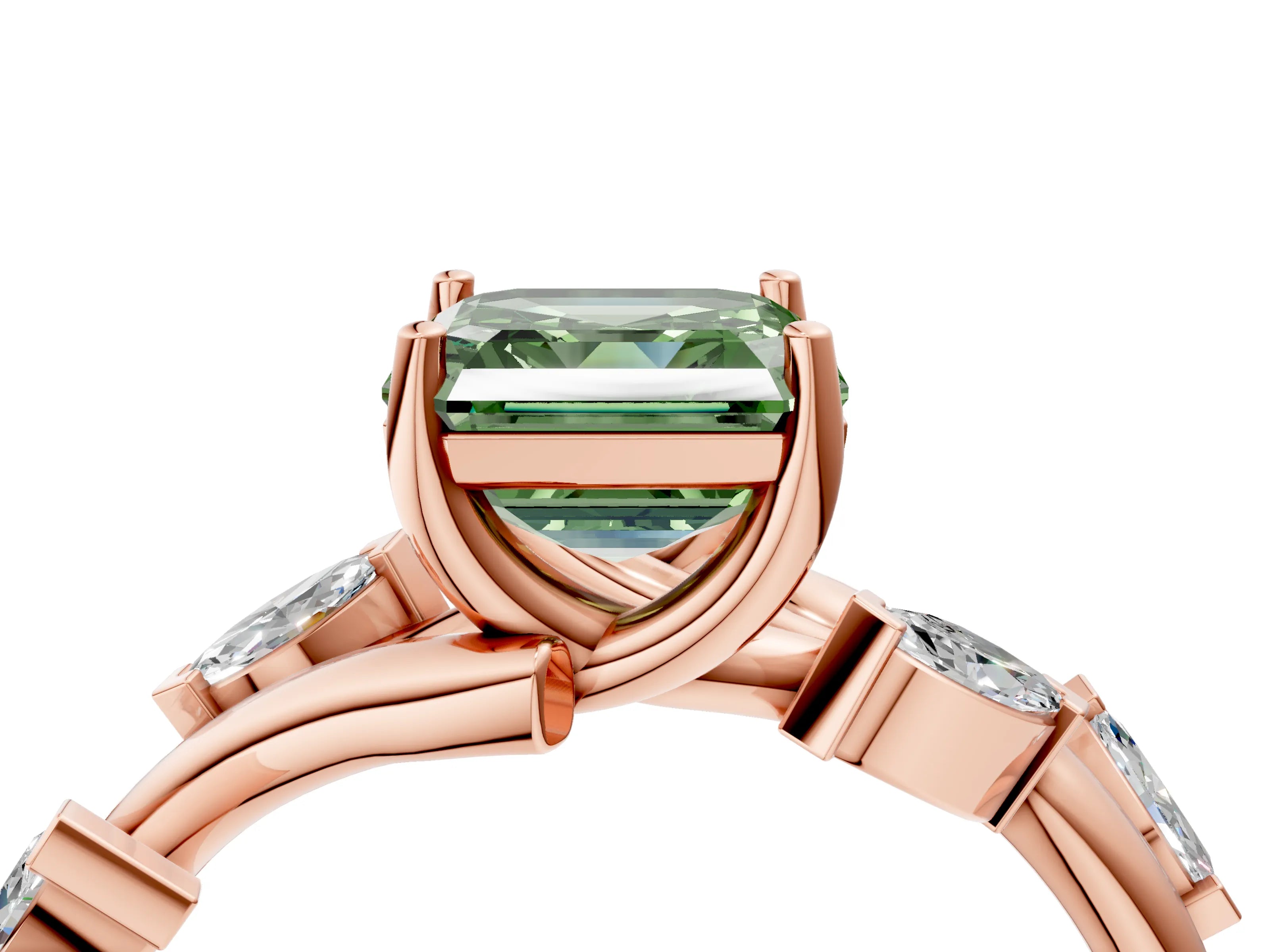 Rose gold Fancy Green Asscher Cut Solitaire Twisted Band Marquise Accent Prong Setting Ring_4