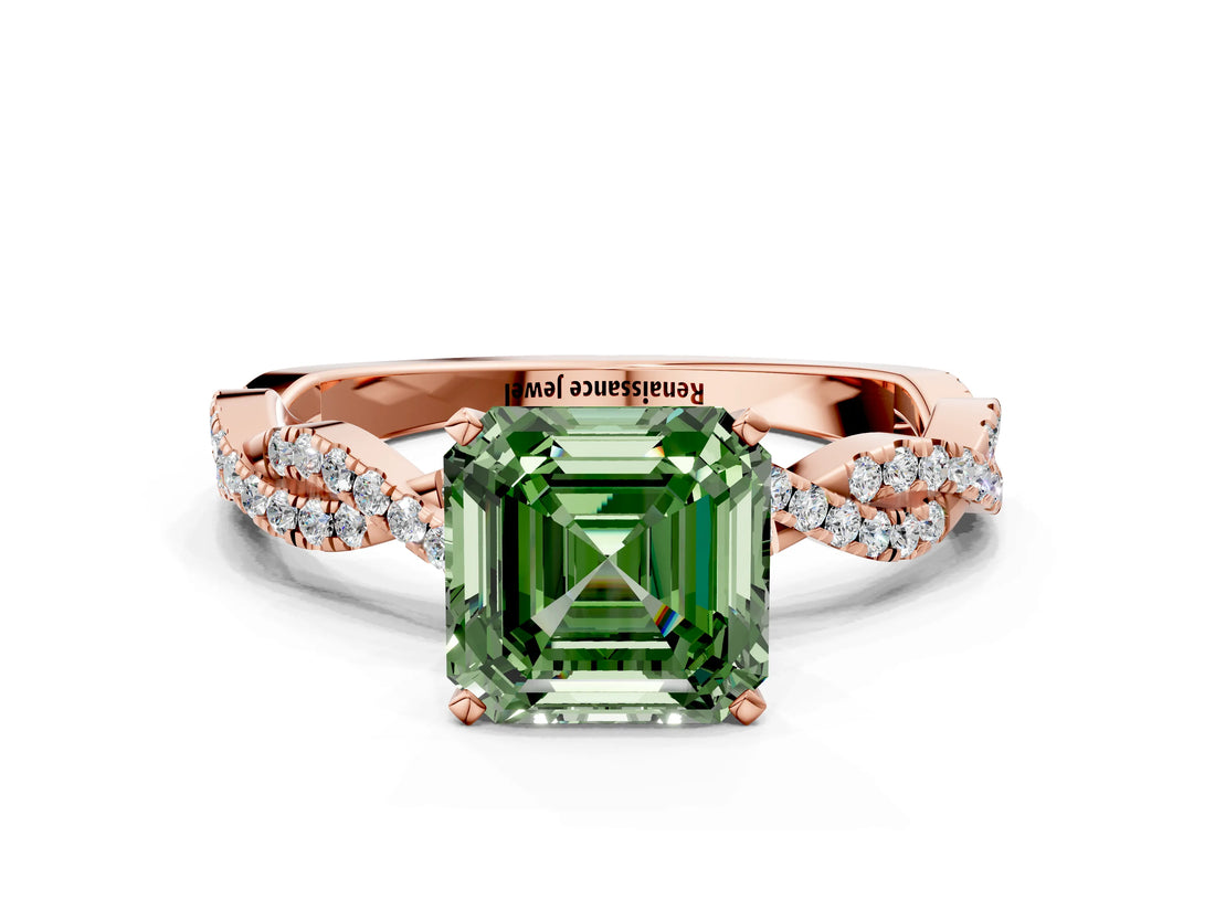 Rose gold Fancy Green Asscher Cut Solitaire Twisted Pave Band with Four-Prong Setting_3
