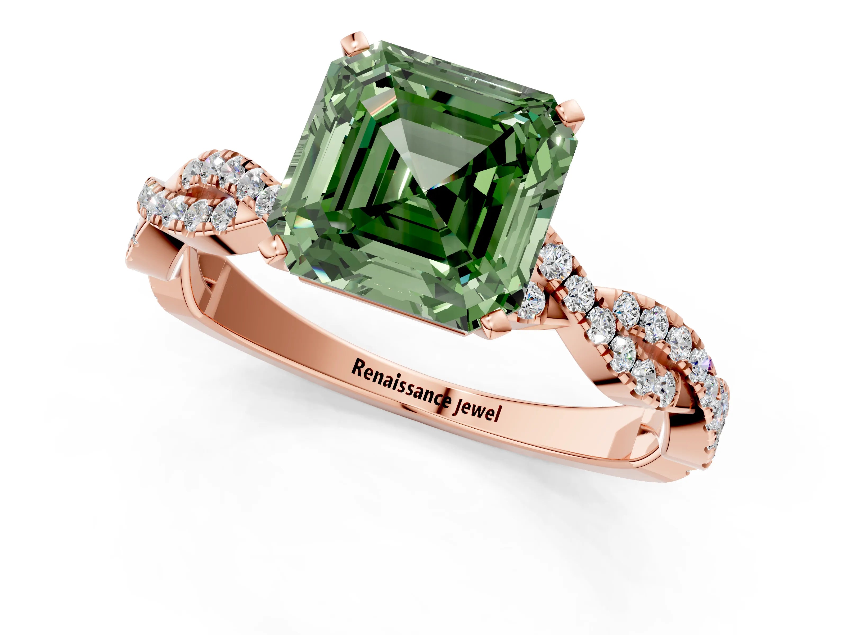 Rose gold Fancy Green Asscher Cut Solitaire Twisted Pave Band with Four-Prong Setting_4