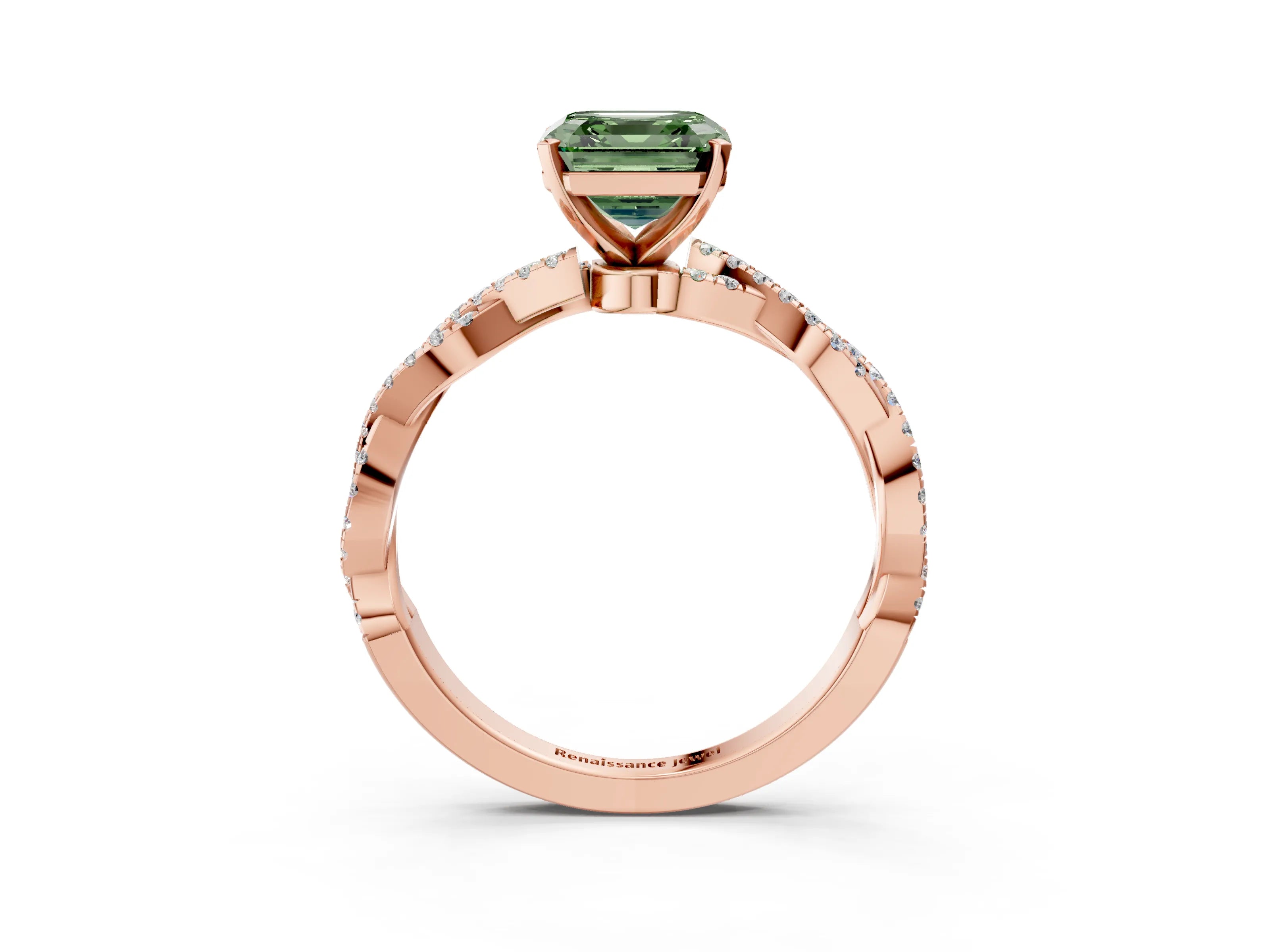 Rose gold Fancy Green Asscher Cut Solitaire Twisted Pave Band with Four-Prong Setting_6
