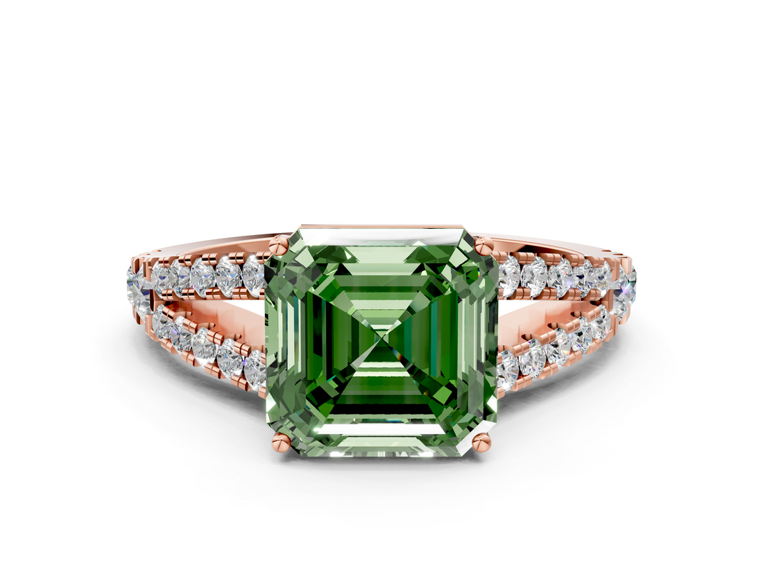 Rose gold Fancy Green Asscher  Cut Split Shank Pave Diamond Engagement Ring with Four-Prong Setting