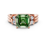 Rose gold Fancy Green Asscher  Cut Three-Stone Channel Set Ring with Bar Prongs