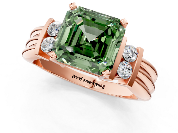 Rose Gold Asscher Cut Grooved Band Engagement Ring Setting for Fancy Green Center