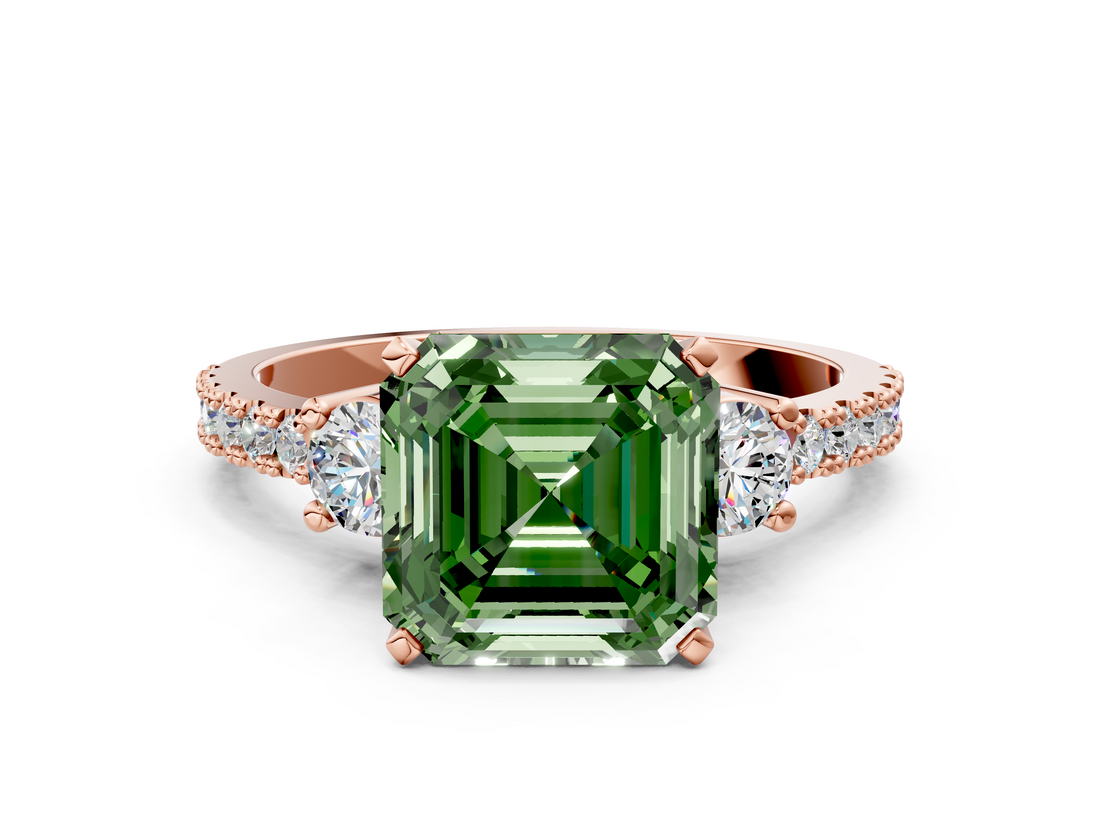 Rose gold Fancy Green Asscher  Cut Three-Stone Diamond Pavé Band with Prong Setting_18