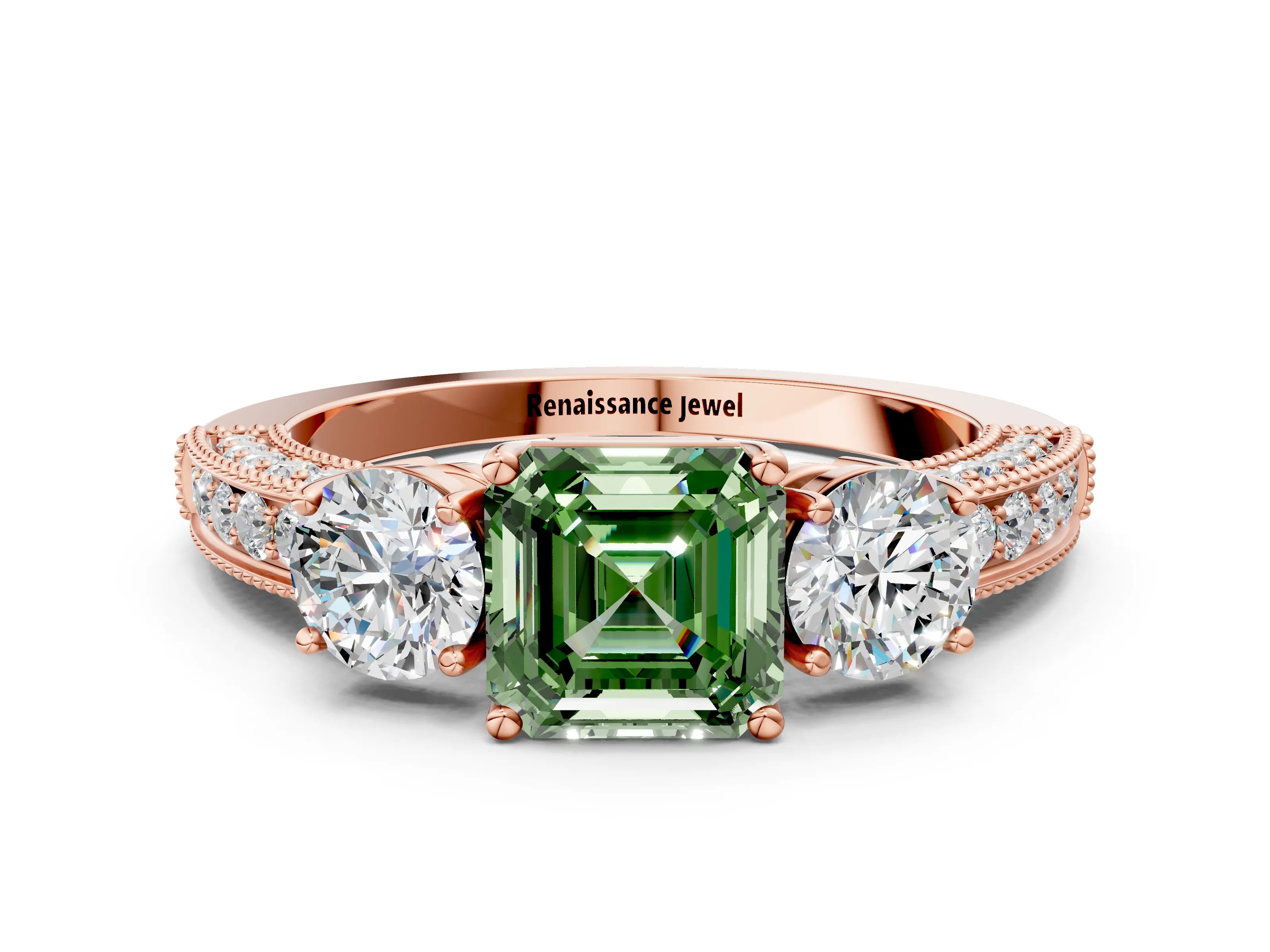 Rose gold Fancy Green Asscher Cut Three-Stone Diamond Ring with Pavé Band and Four-Prong Setting