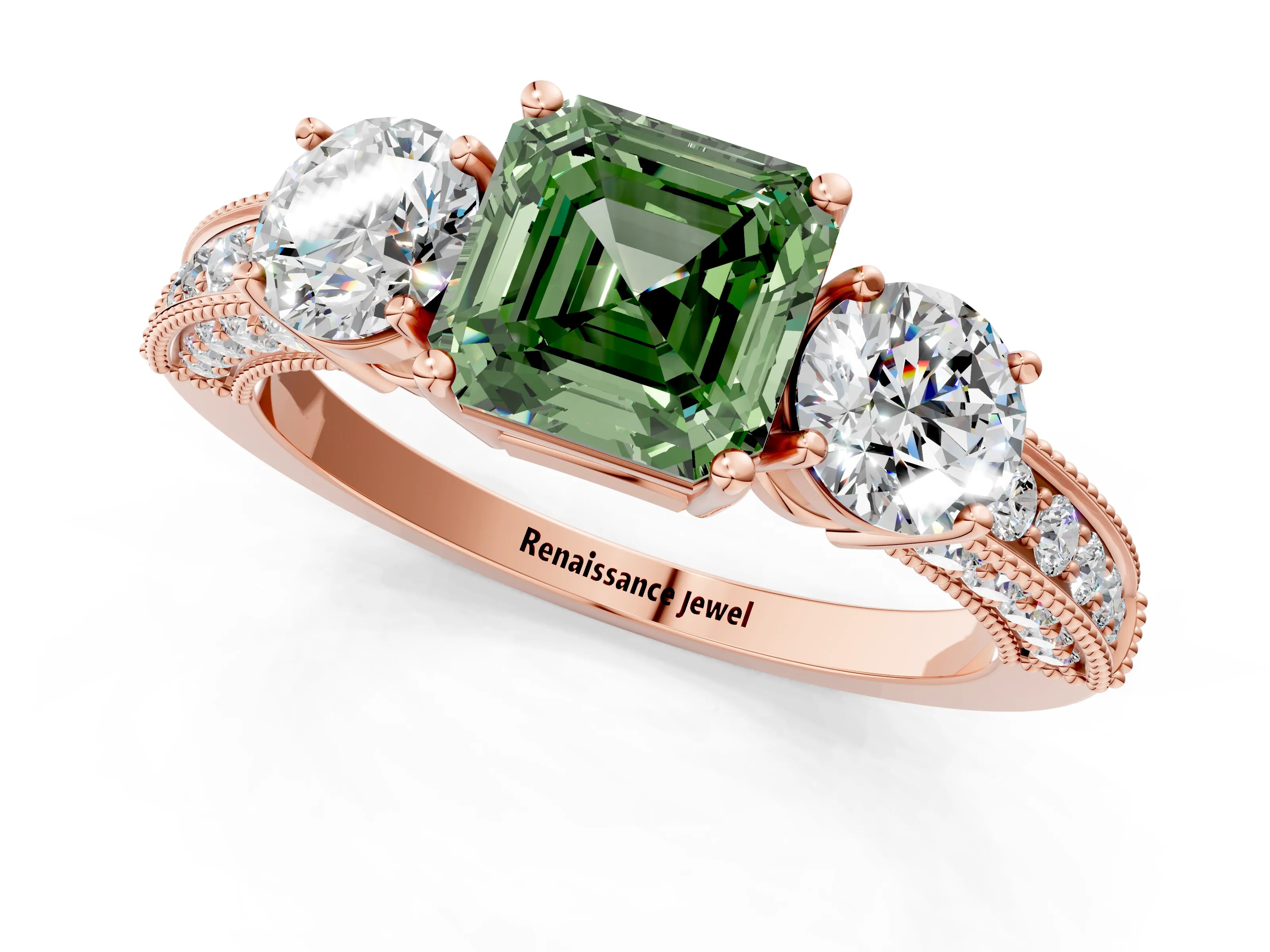 Rose gold Fancy Green Asscher Cut Three-Stone Diamond Ring with Pavé Band and Four-Prong Setting_1
