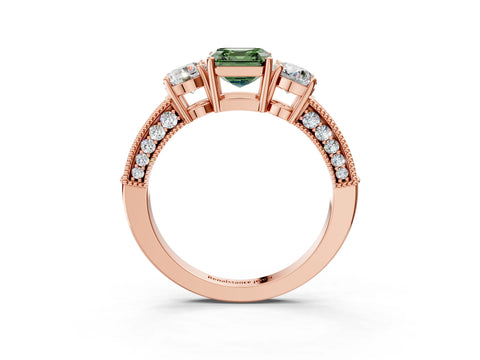 Rose gold Fancy Green Asscher Cut Three-Stone Diamond Ring with Pavé Band and Four-Prong Setting_3