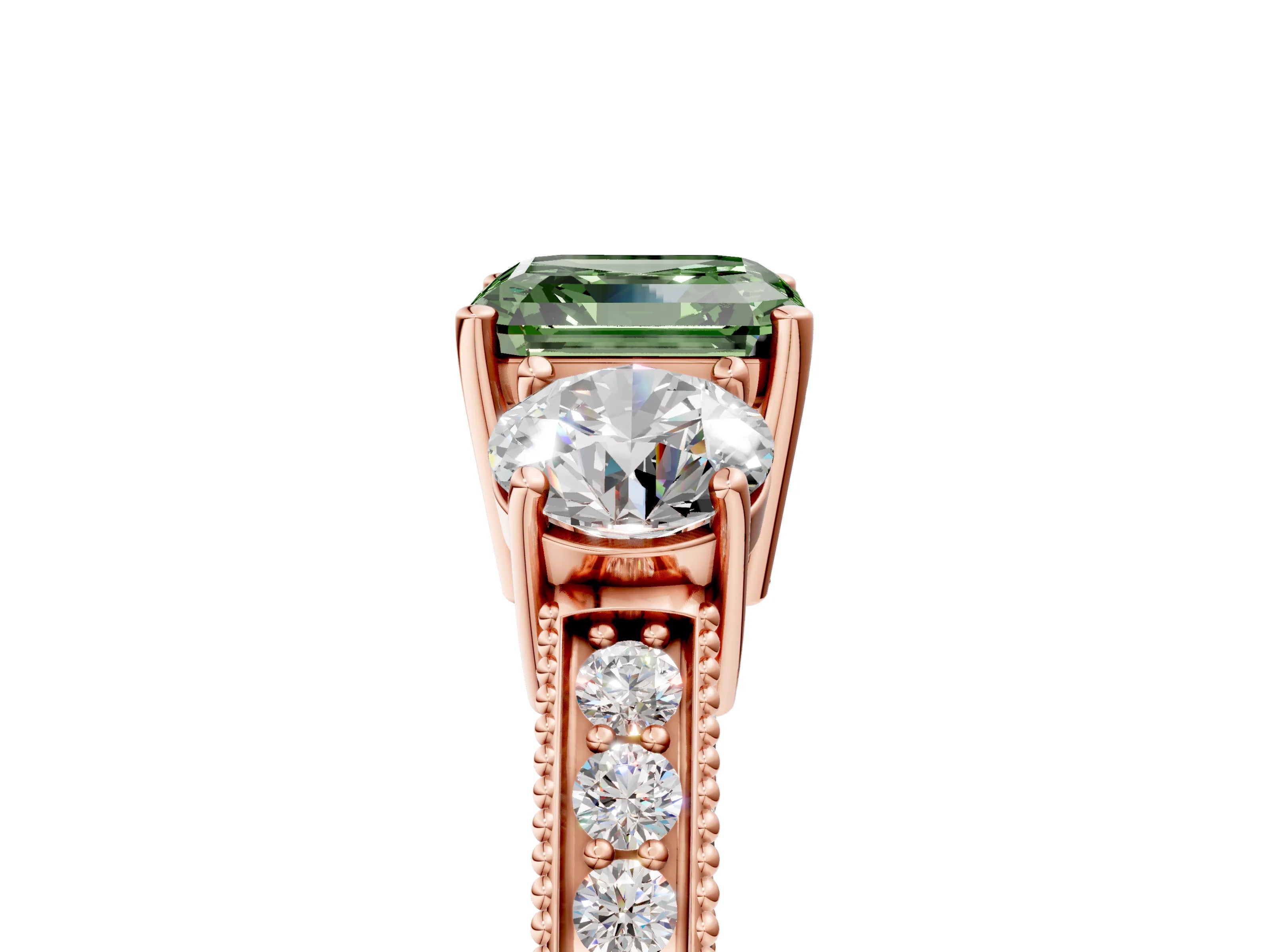 Rose gold Fancy Green Asscher Cut Three-Stone Diamond Ring with Pavé Band and Four-Prong Setting_5