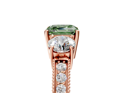 Rose gold Fancy Green Asscher Cut Three-Stone Diamond Ring with Pavé Band and Four-Prong Setting_5