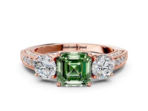 Rose gold Fancy Green Asscher Cut Three-Stone Diamond Ring with Pavé Band and Four-Prong Setting