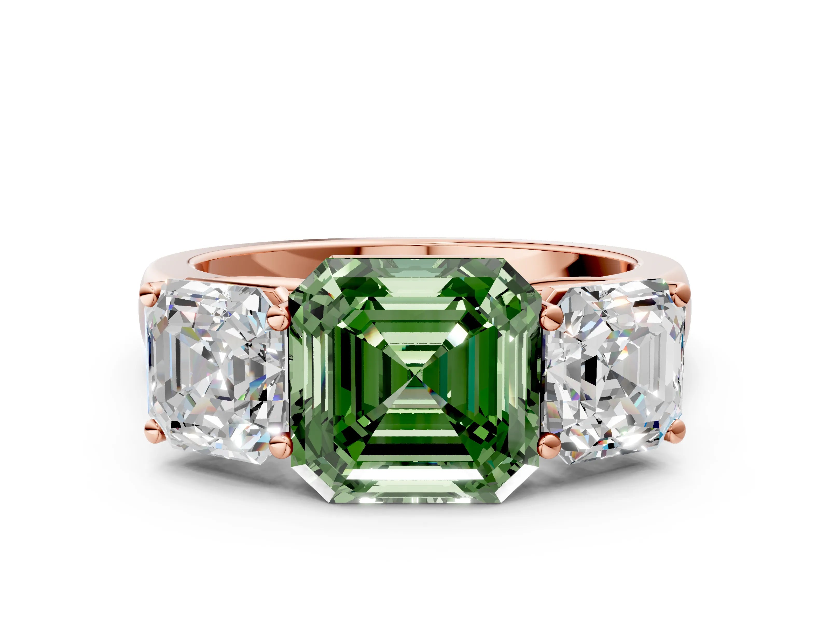 Rose gold Fancy Green Asscher Cut Three-Stone Diamond Ring with Prong Setting on a Classic Band