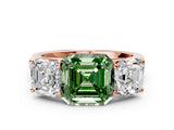 Rose gold Fancy Green Asscher Cut Three-Stone Diamond Ring with Prong Setting on a Classic Band_13