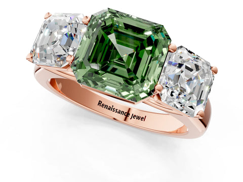 Rose gold Fancy Green Asscher Cut Three-Stone Diamond Ring with Prong Setting on a Classic Band_1