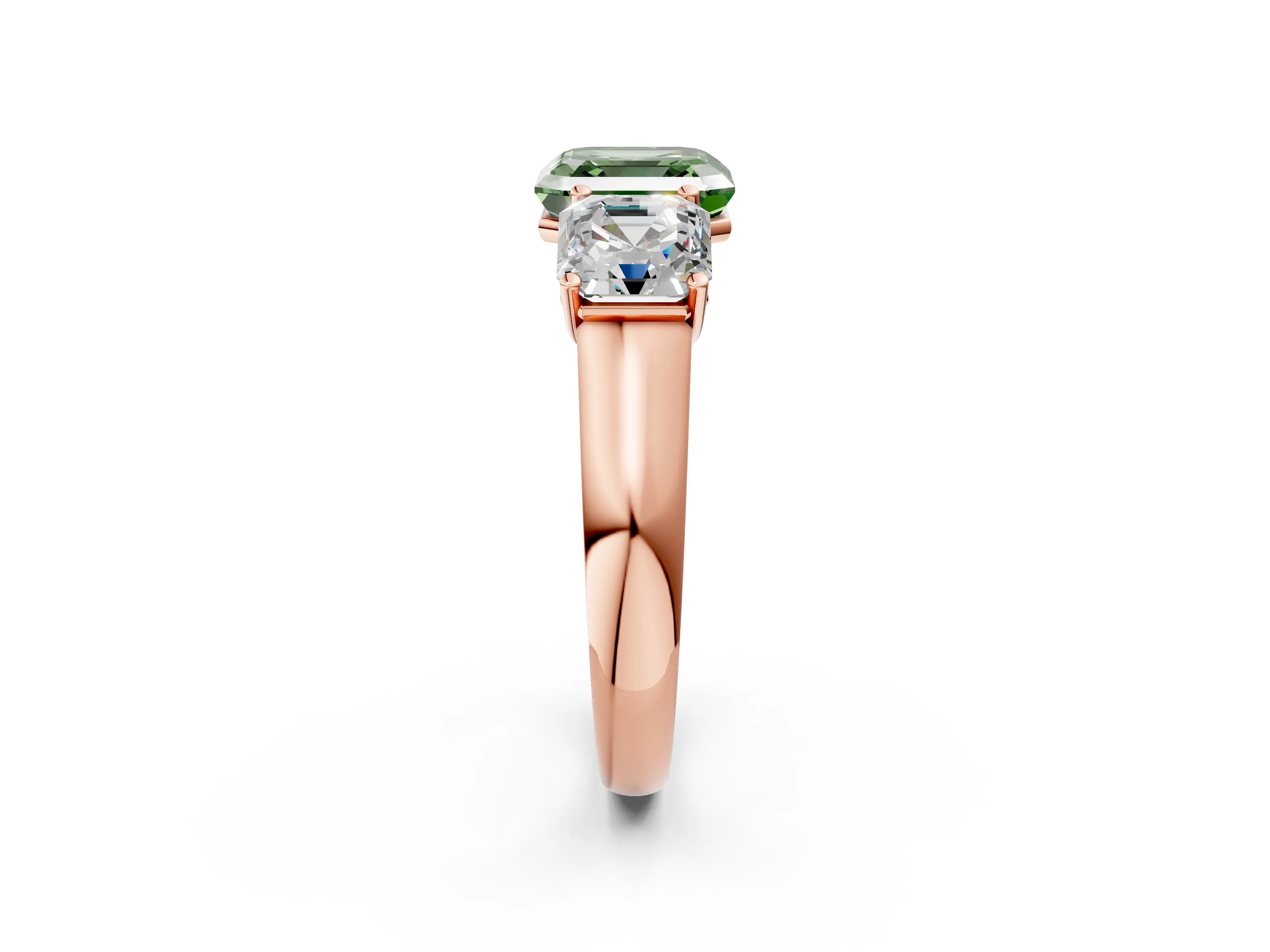 Rose gold Fancy Green Asscher Cut Three-Stone Diamond Ring with Prong Setting on a Classic Band_2