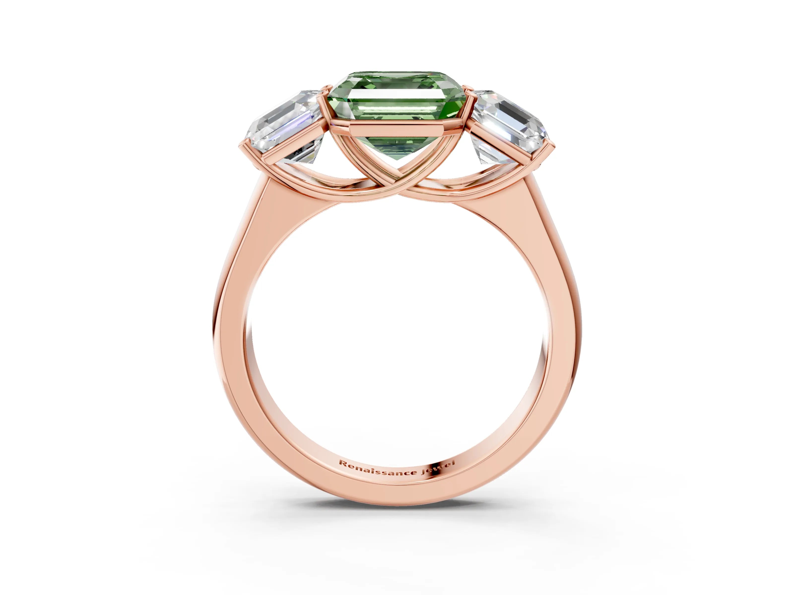 Rose gold Fancy Green Asscher Cut Three-Stone Diamond Ring with Prong Setting on a Classic Band_3
