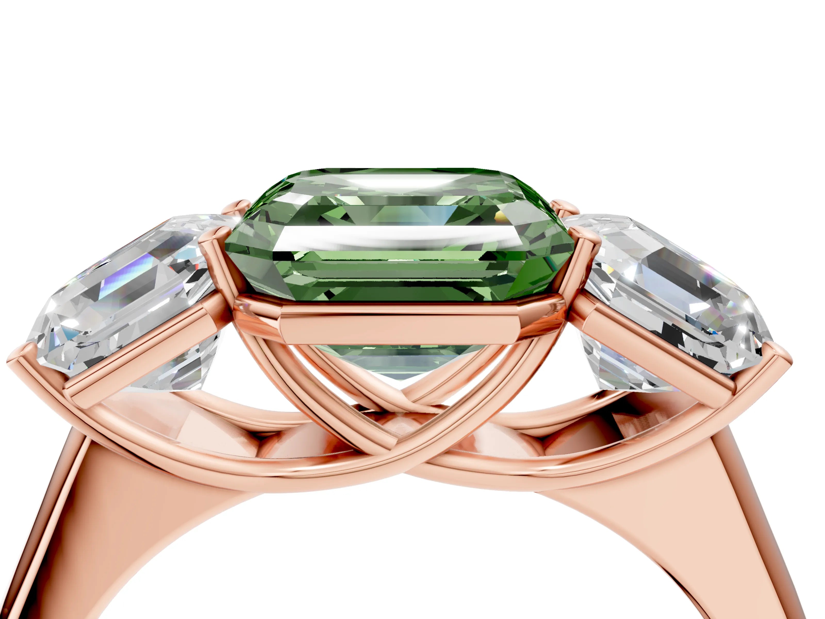 Rose gold Fancy Green Asscher Cut Three-Stone Diamond Ring with Prong Setting on a Classic Band_4