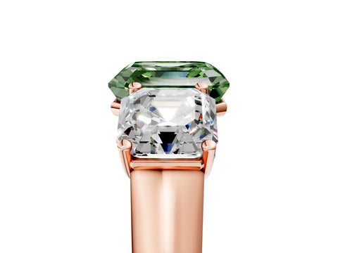 Rose gold Fancy Green Asscher Cut Three-Stone Diamond Ring with Prong Setting on a Classic Band_5