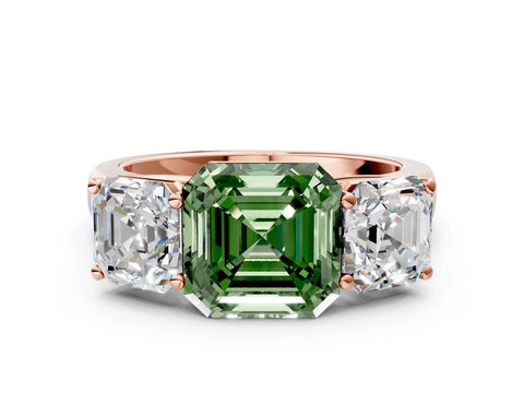 Rose gold Fancy Green Asscher Cut Three-Stone Diamond Ring with Prong Setting on a Classic Band