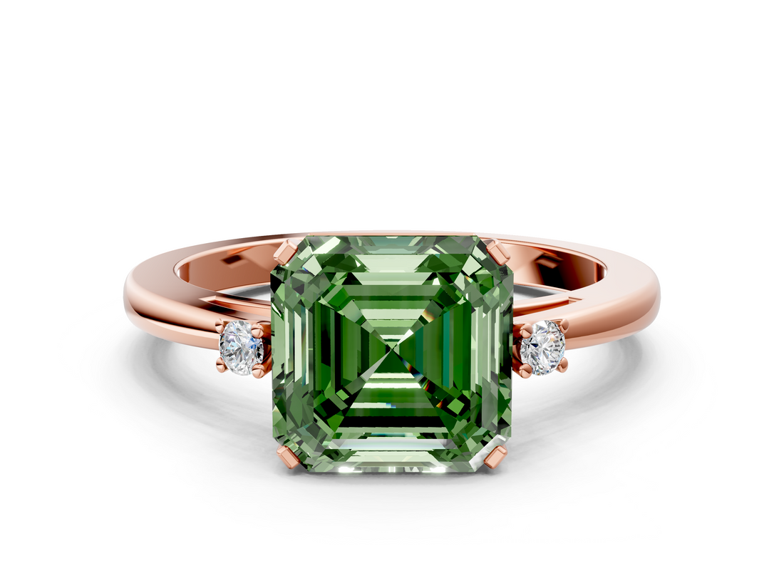 Rose gold Fancy Green Asscher  Cut Three-Stone Solitaire Ring with Round Accent Diamonds and Four-Prong Setting