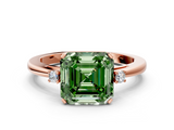 Rose gold Fancy Green Asscher  Cut Three-Stone Solitaire Ring with Round Accent Diamonds and Four-Prong Setting