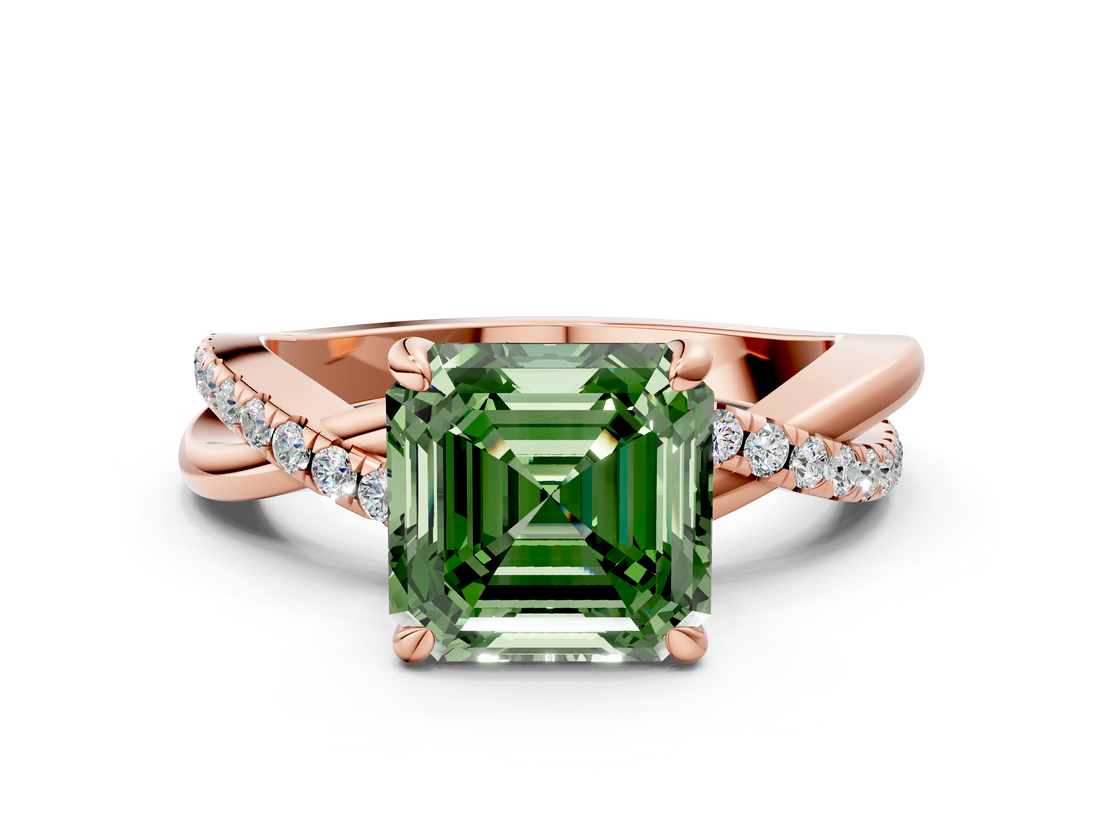 Rose gold Fancy Green Asscher  Cut Twist Band Solitaire Diamond Ring with Pavé Setting_3