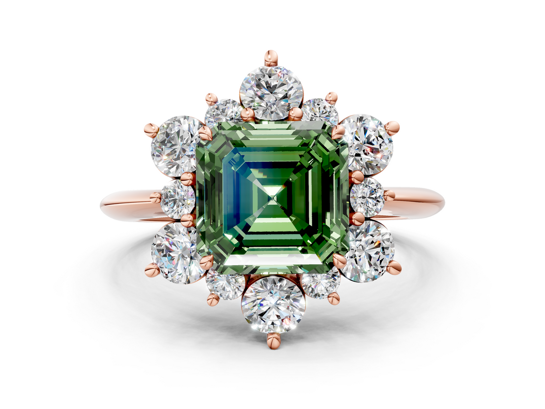 Rose gold Fancy Green Asscher  Diamond Cluster Halo Ring with Solitaire Band and Four-Prong Setting