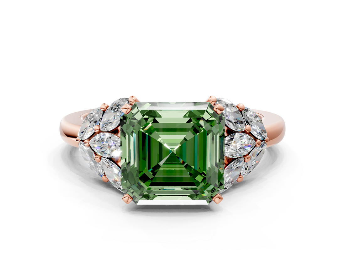 Rose gold Fancy Green Asscher  Diamond Cluster Leaf Design Ring with Prong Setting_16