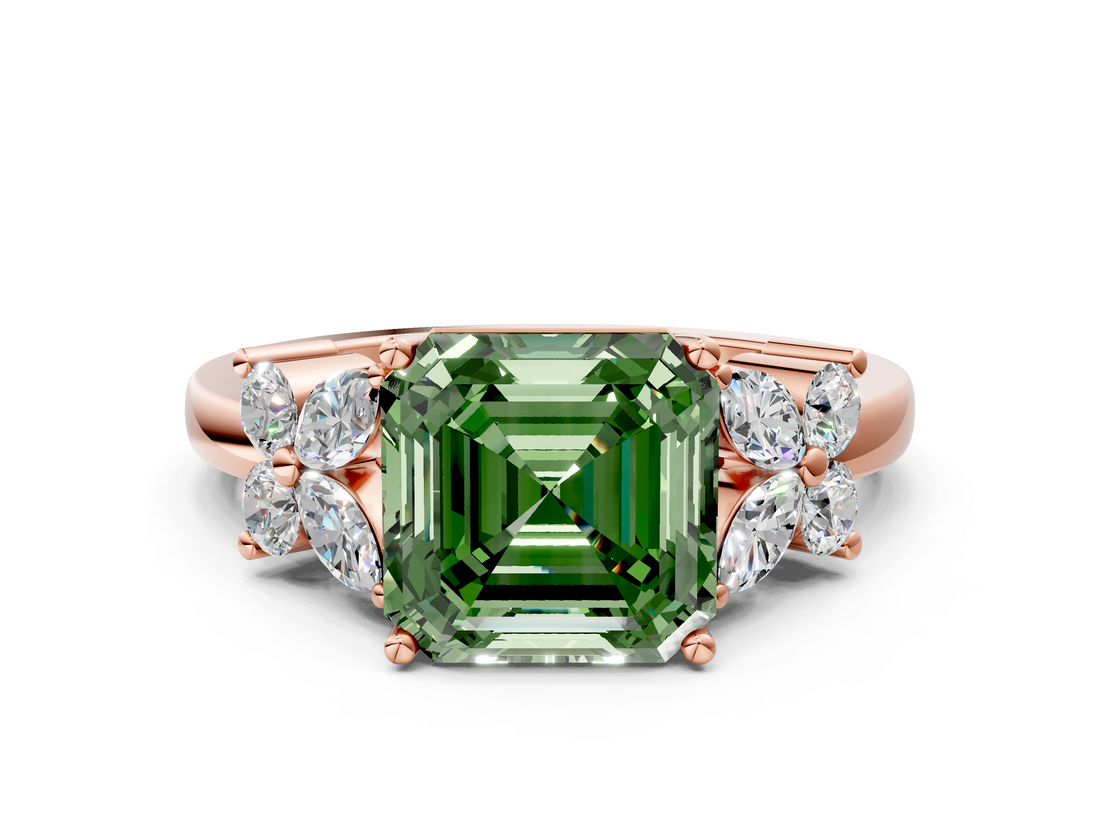 Rose gold Fancy Green Asscher  Diamond Floral Cluster Ring with Solitaire Band and Prong Setting