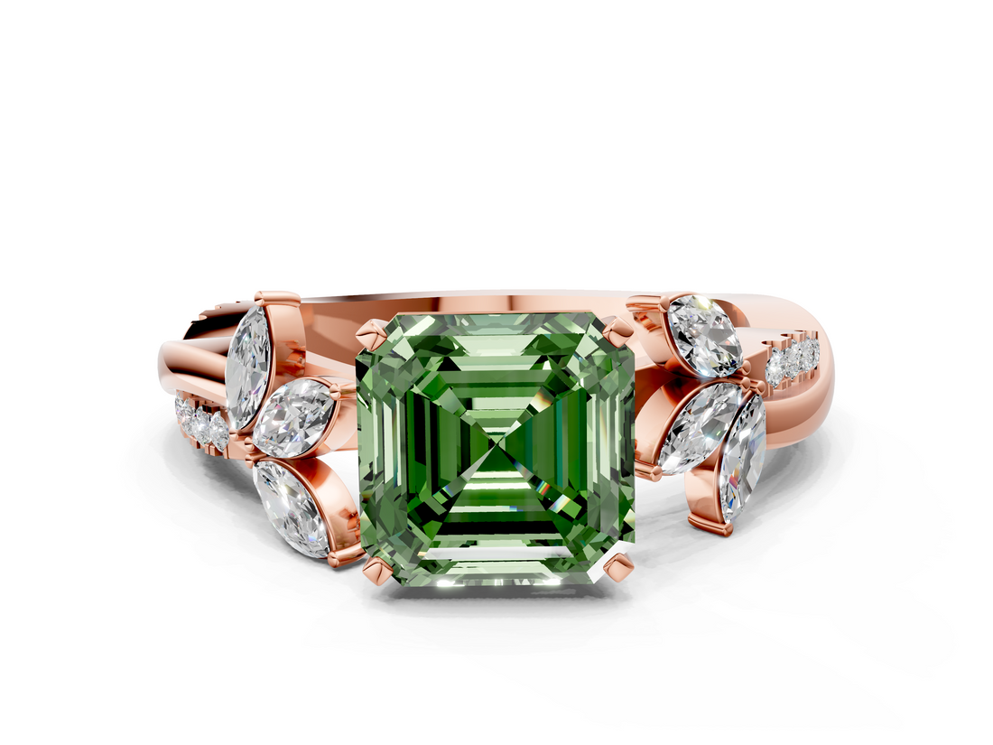 Rose gold Fancy Green Asscher  Diamond Floral Vine Solitaire Engagement Ring