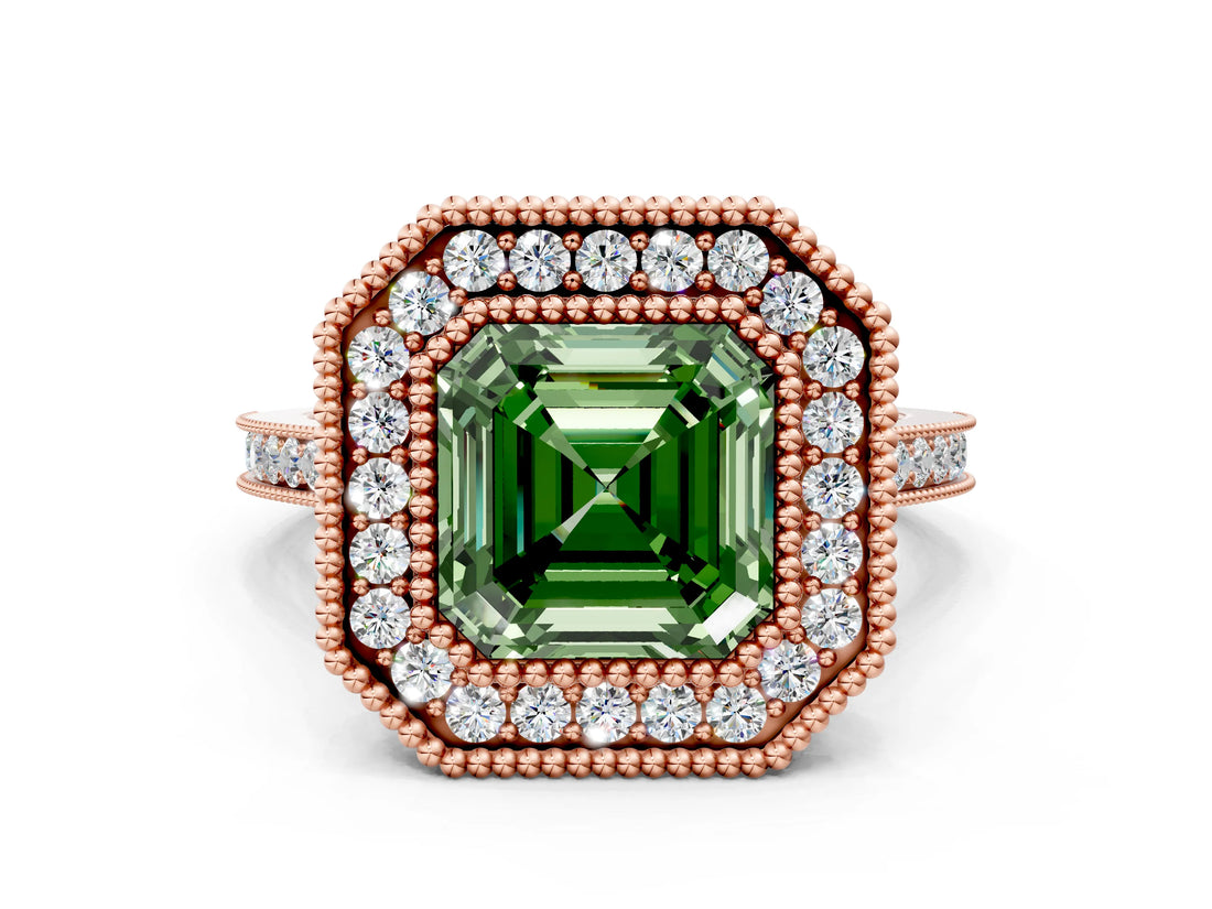 Rose gold Fancy Green Asscher  Diamond Halo Ring with Milgrain Frame and Pavé Band