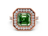 Rose gold Fancy Green Asscher  Diamond Halo Ring with Milgrain Frame and Pavé Band