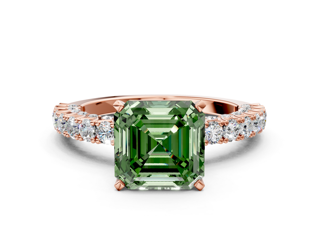 Rose gold Fancy Green Asscher  Diamond Pavé Band Solitaire Ring with Four-Prong Setting