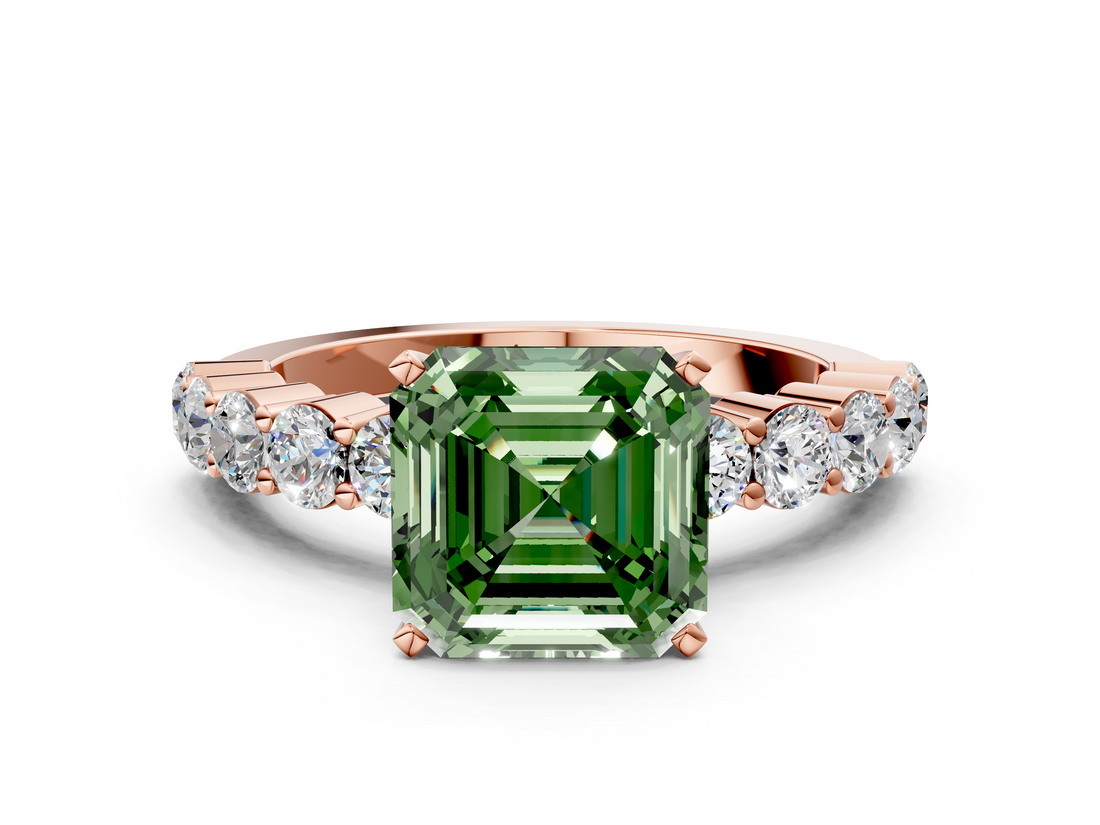 Rose gold Fancy Green Asscher  Diamond Pavé Band Solitaire with Four-Prong Setting