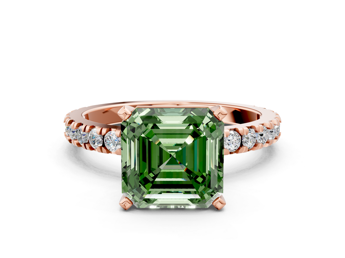 Rose gold Fancy Green Asscher  Diamond Pavé Band Solitaire with Four-Prong Setting